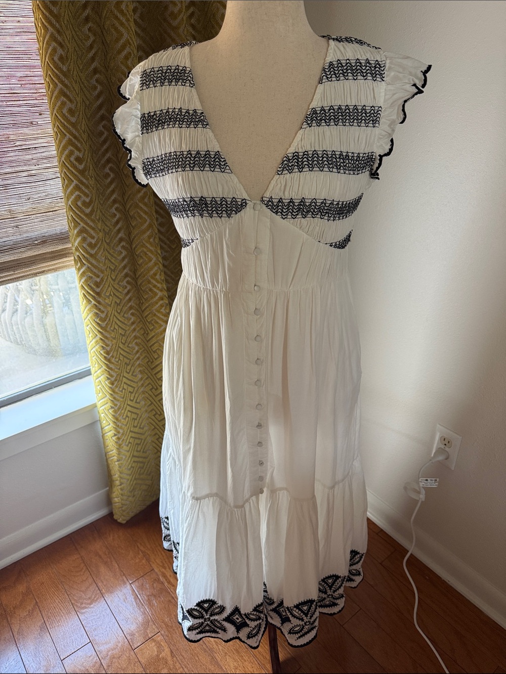 Anthropologie White Midi Dress with Black Embroidery Accents